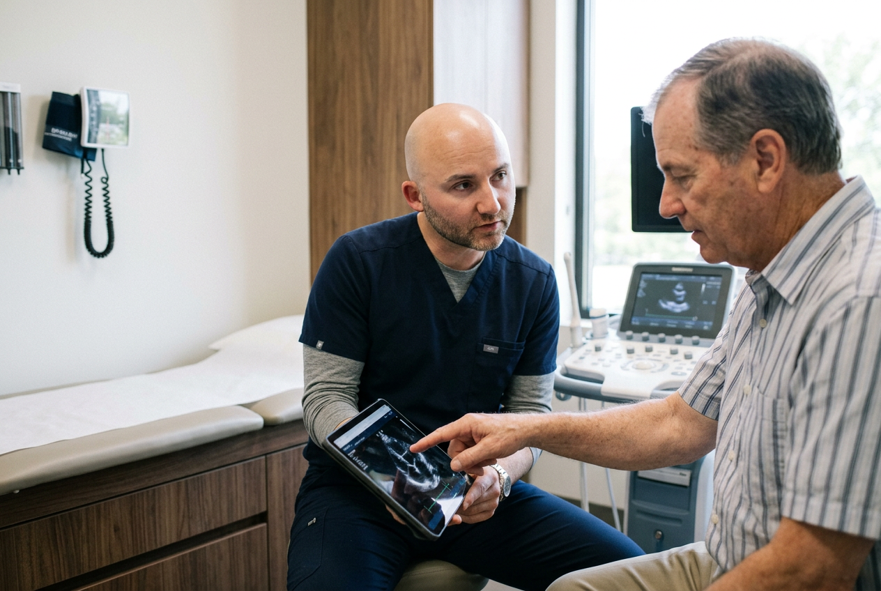 Cardiologist reviewing a cardiac ultrasound image with a patient during a consultation